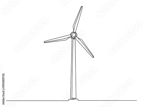 Minimalist continuous line drawing of a wind turbine representing sustainable energy for ecofriendly design