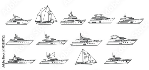 Vector line drawings of modern yachts and elegant sailboats perfect for water travel and luxury boat themes.