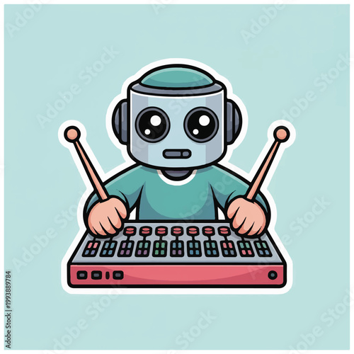 Cute robot playing a musical instrument with drumsticks.