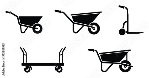 Collection of diverse utility carts including wheelbarrows, hand trucks, and platform trolleys for various material handling applications