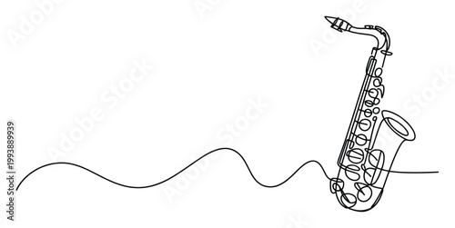 Elegant single line drawing of a saxophone with a flowing melodic wave for jazz events and modern graphic projects