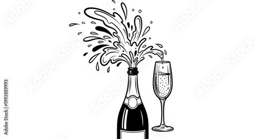 Champagne Bottle Popping Open with Splash and Glass Illustration
