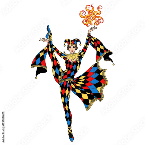 Jester Woman Performing Acrobatics with Octopus Symbol