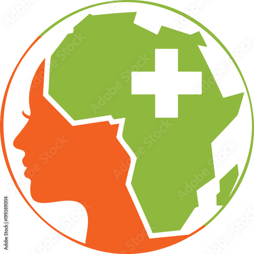 African continent map with medical cross and human head silhouette globe icon