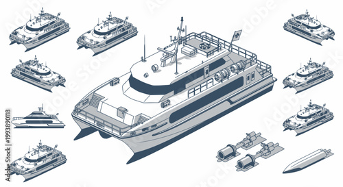 Modern Catamaran Ferries Collection - Isometric Vector Illustration