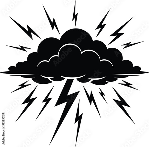 Black cloud with lightning bolts striking down around storm weather icon