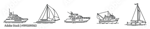 Diverse outlined vector set featuring various watercraft from yachts to fishing boats for nautical projects