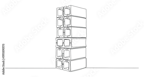 Continuous line drawing of stacked hollow concrete blocks illustrating construction concepts for architectural design projects
