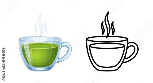 Steaming Green Tea in a Transparent Cup: Illustration and Drawing