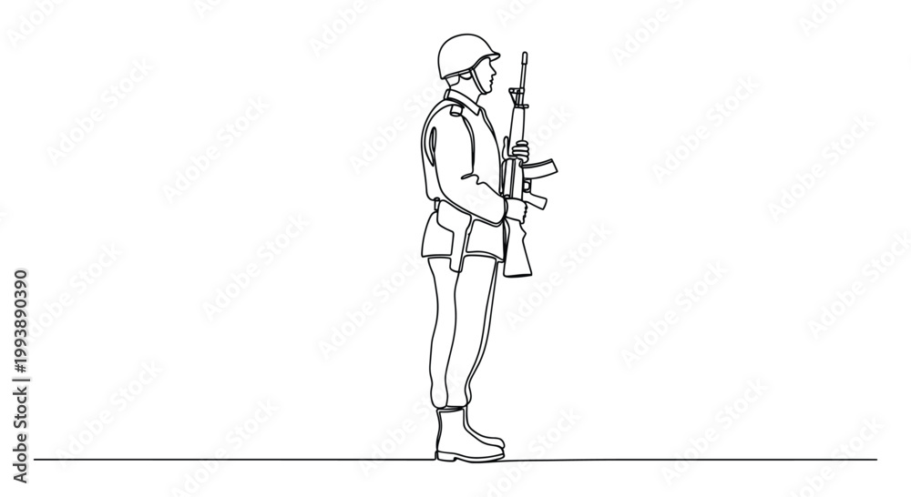 Fototapeta premium Continuous line drawing of a soldier standing in uniform with a rifle, suitable for defense presentations and national security graphics.