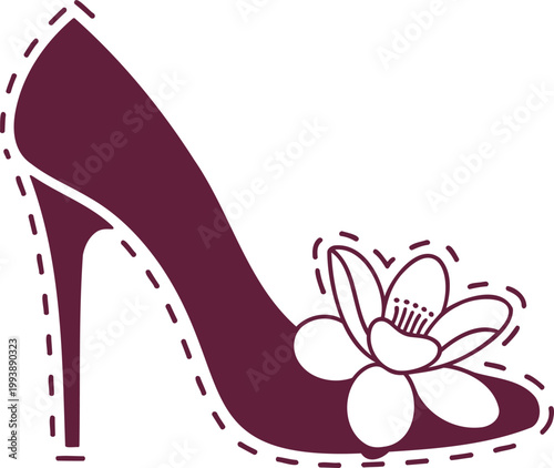 Highheeled shoe with flower design on toe cap isolated on white background