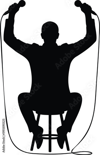 Man sitting on stool holding two microphones up in the air  music performance