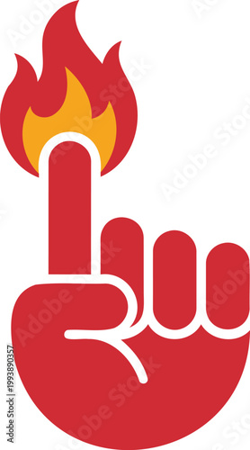 Red hand with middle finger and flame on white background