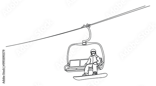 Outline of a snowboarder riding a ski lift, showcasing winter sports and mountain recreation for marketing content.