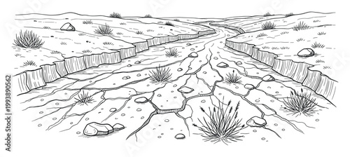Arid cracked ground landscape with a dry riverbed and sparse vegetation, suitable for environmental and droughtrelated themes