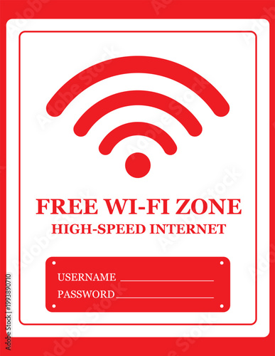 ree Wi-Fi zone sign set with high speed internet connection labels.Wi-Fi hotspot stickers with username and password login fields.