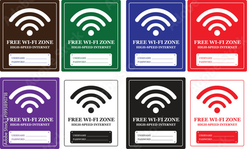 ree Wi-Fi zone sign set with high speed internet connection labels.Wi-Fi hotspot stickers with username and password login fields.