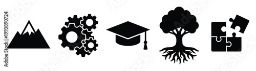 Conceptual symbols representing ambition, process, knowledge, growth, and teamwork, useful for illustrating corporate and academic themes.