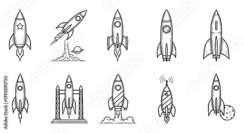 Set of stylized outline rockets ready for launch and cosmic journeys for educational or adventure projects