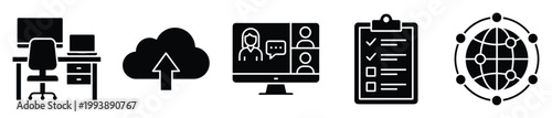 Digital icons for modern business covering remote work, cloud, video calls, tasks, and global connectivity.