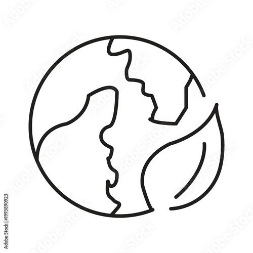 Earth with Leaf Outline Icon.Environmental Globe Line Icon..eps