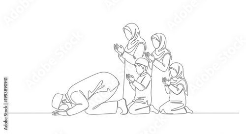 Muslim Women Praying Together in Group Sujud and Sitting Position Line Art