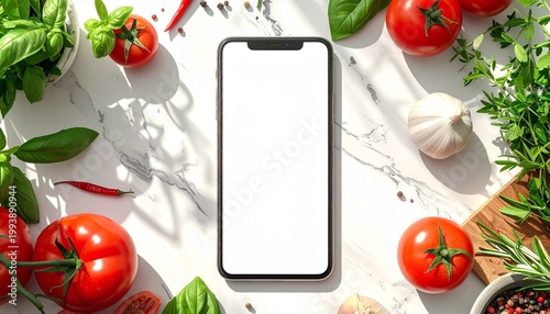 Modern smartphone mockup with blank white screen on a clean kitchen table surrounded by fresh ingredients.