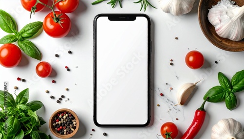 Modern Smartphone Mockup with Blank Screen on Kitchen Table Surrounded by Fresh Ingredients
