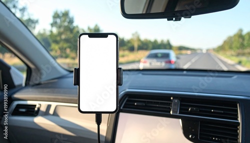 Smartphone on car dashboard mount with blank screen for app mockup and navigation display