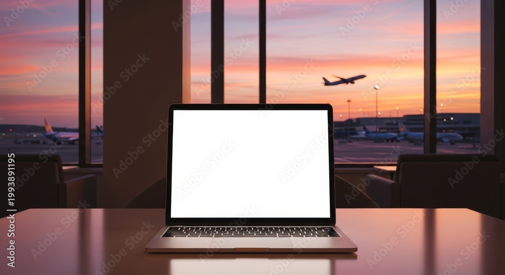 Fototapeta premium A portable computer sits on a table in a modern airport lounge, overlooking a terminal with aircraft through a window at soft sunset, lighting, internet, focus