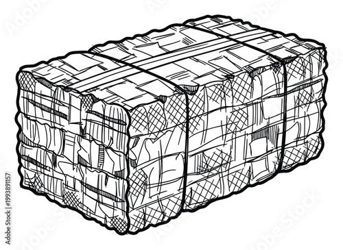 Rough line art drawing of a tightly bound bale used for waste management and industrial applications