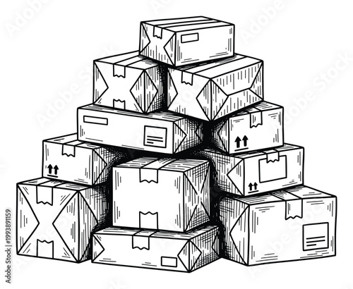 Hand drawn stack of cardboard shipping boxes for logistics and delivery business visuals and storage concepts.
