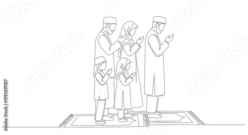 Muslim Family Praying Together on Prayer Rugs Line Art Illustration