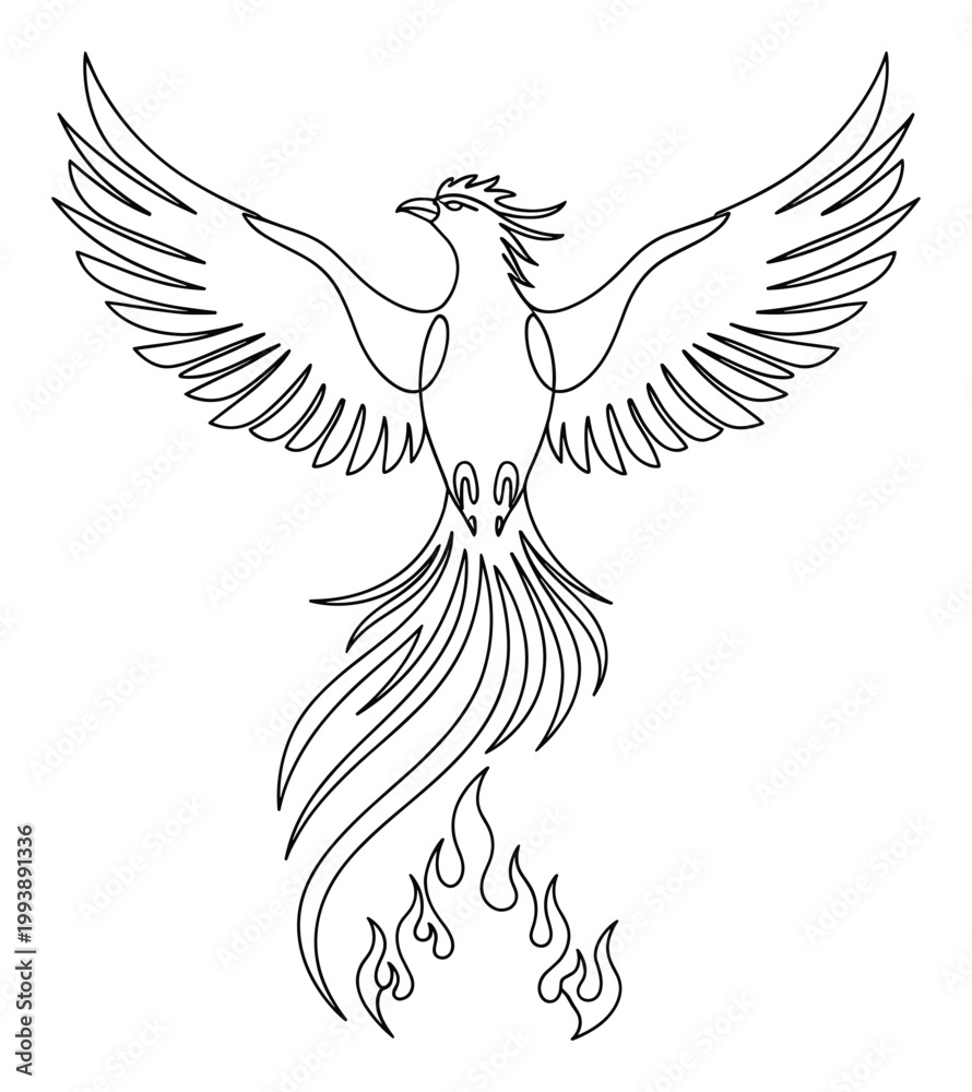 Fototapeta premium Modern single line phoenix bird with widespread wings and fiery tail rising from flames for symbolic design.