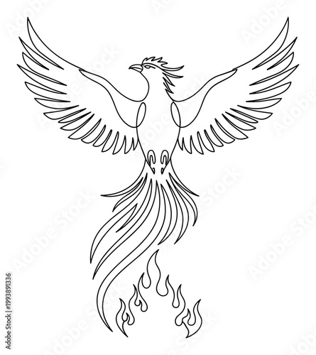 Modern single line phoenix bird with widespread wings and fiery tail rising from flames for symbolic design.