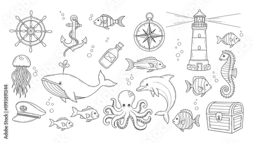 Line drawing nautical elements collection featuring ocean wildlife for childrens books coloring pages and marine education