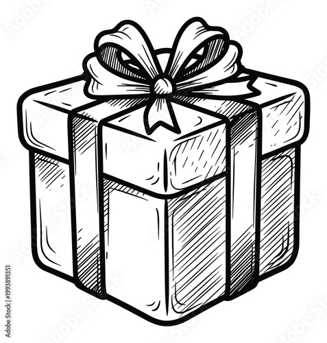 Hand drawn gift box with ribbon bow graphic for holiday season celebrations and promotional use