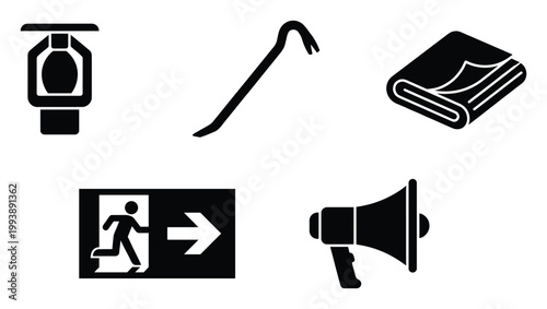 Critical safety icons set including sprinkler, crowbar, blanket, exit sign, and megaphone symbols