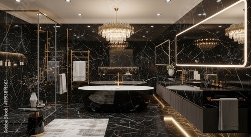 Luxurious Modern Black Marble Bathroom with Freestanding Tub and Double Vanity.