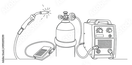 Continuous line drawing depicting essential welding equipment setup featuring torch, gas cylinder, and power source