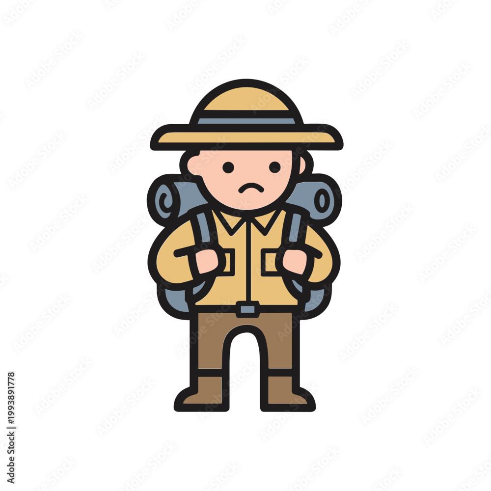 Obraz premium Sad Cartoon Explorer with Backpack and Hat
