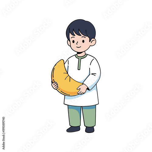 Sad boy holding crescent moon, illustration, isolated on white background