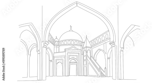 Architectural Line Drawing of an Ornate Palace with Arches and Dome