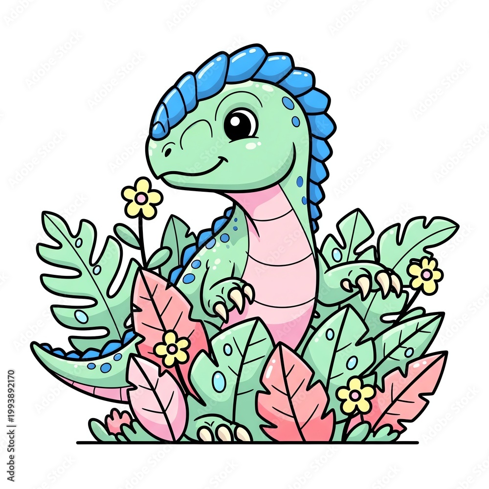 Obraz premium Cute cartoon dinosaur peeking through jungle leaves and flowers.