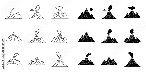 Outline and silhouette mountain volcano icons for geological studies and environmental presentations
