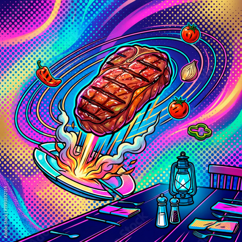 Grilled beef steak flying off plate in psychedelic retrowave pop art style. Illustration for restaurant menu, butcher shop, food design and advertising