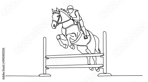 Show jumping horse and rider action depicted in a flowing continuous line art, suitable for equestrian sports themes.