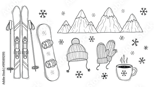 Hand drawn winter sports equipment and cozy accessories for cold weather activities and holiday promotions