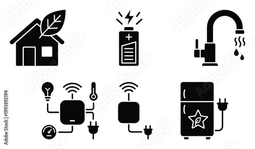 Sustainable living and energy efficient smart home technology icons for modern domestic applications