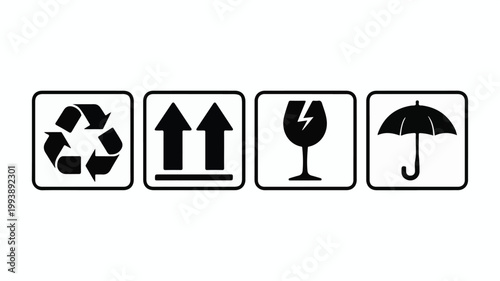Black and white shipping symbols recycle arrows fragile umbrella recycle symbol up arrows